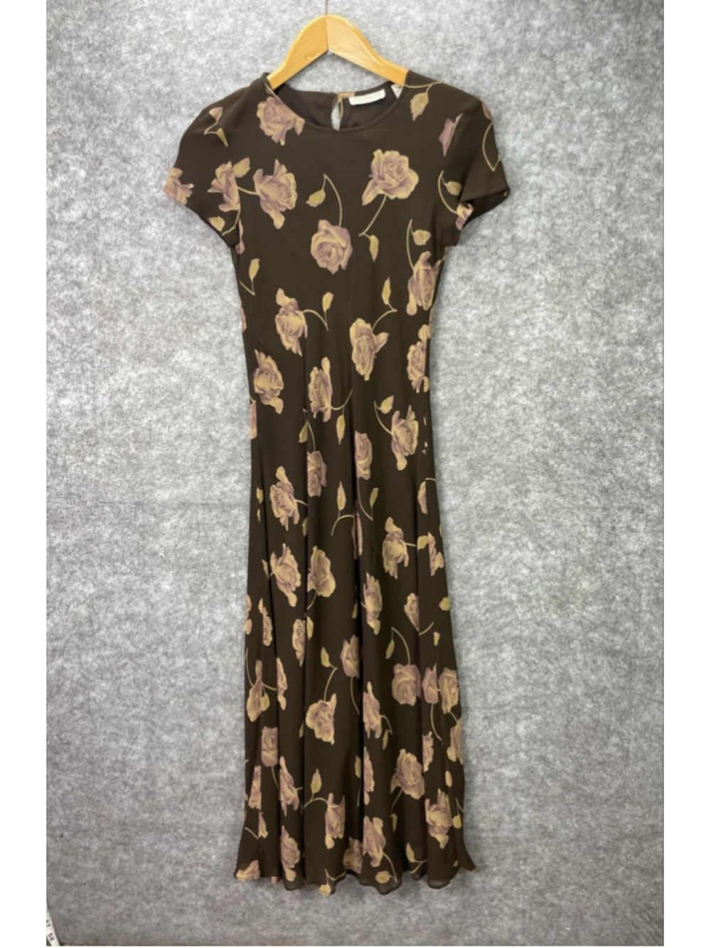 Ann Taylor Dress Womens 8P Brown Silk Floral Fit Flare Maxi Belted Short Sleeve